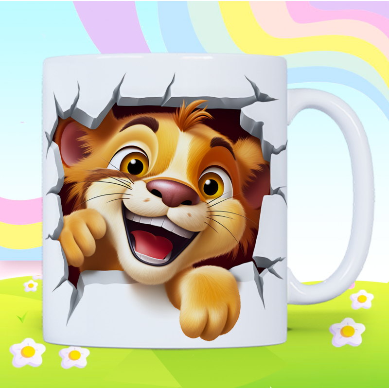 3D Smiling Lion Cub Breakthrough Ceramic Coffee Mug